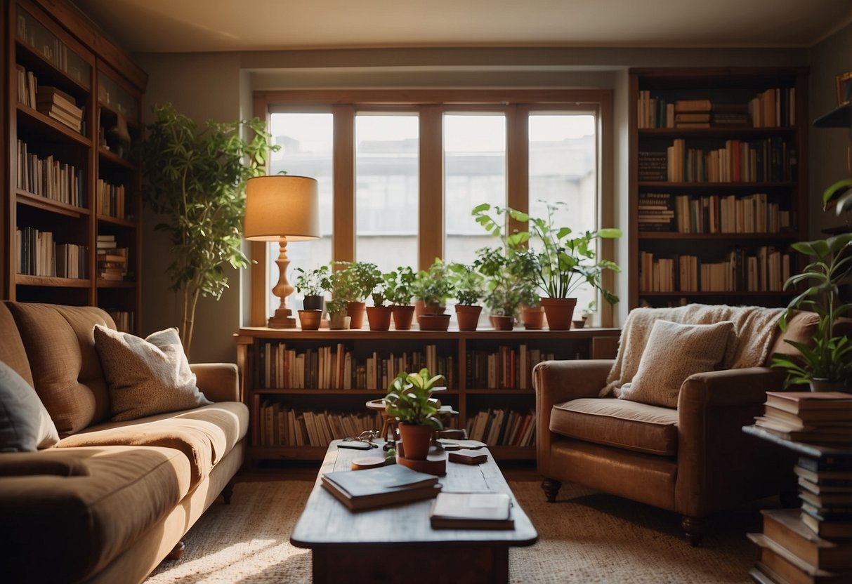 A cozy living room with a variety of vintage furniture pieces arranged neatly. An old-fashioned lamp illuminates the space, while a stack of books and a potted plant add to the nostalgic atmosphere