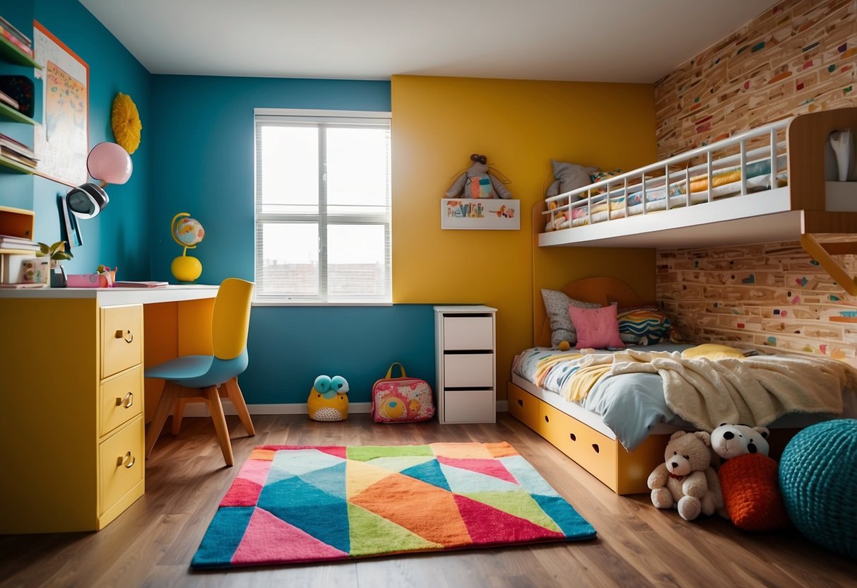 A colorful kids' room with a bunk bed, desk, and bookshelf. Toys and books are neatly organized, and a bright rug covers the floor