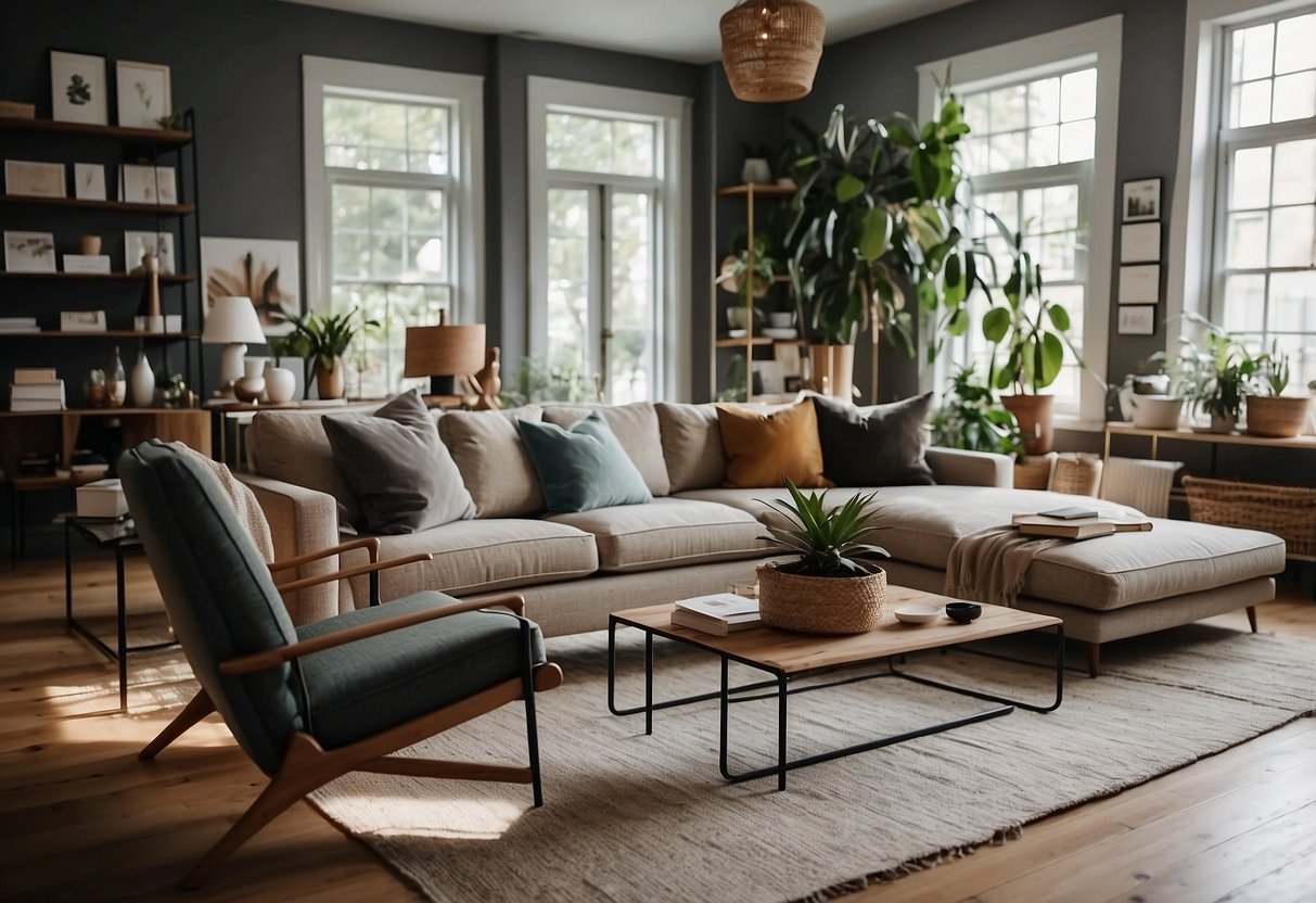 A cozy living room with a variety of stylish furniture pieces arranged neatly. A laptop open to a FAQ page on a modern coffee table