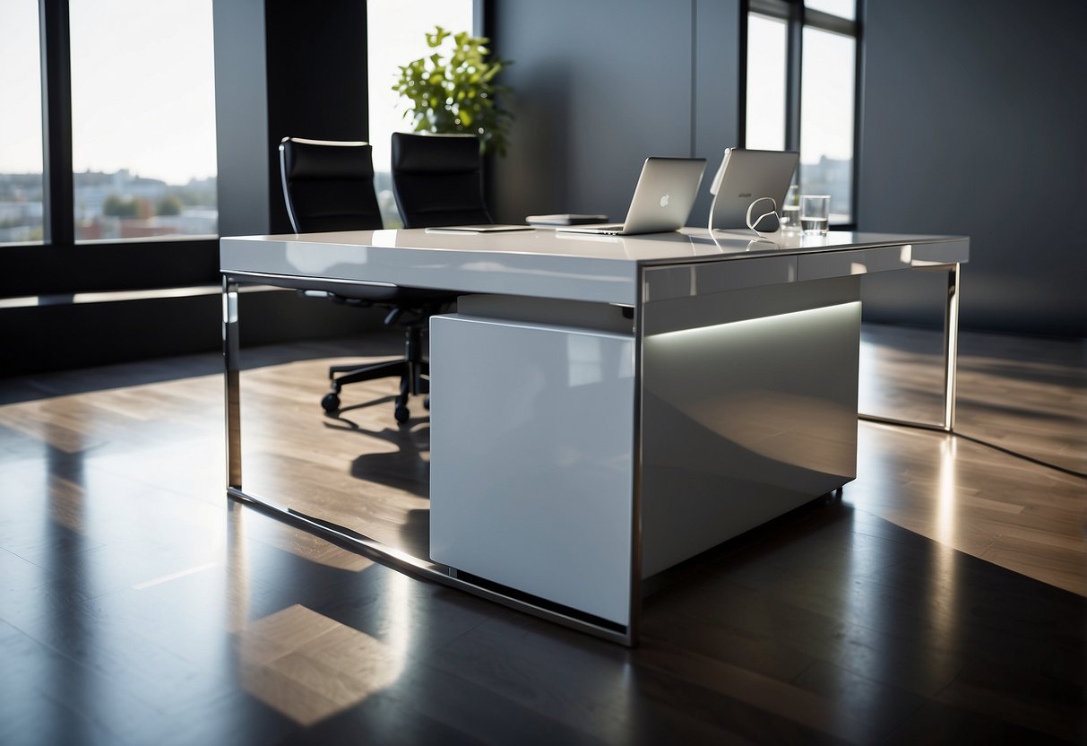 A sleek, modern desk with a glossy laminate finish reflects the light, creating a polished and elegant look