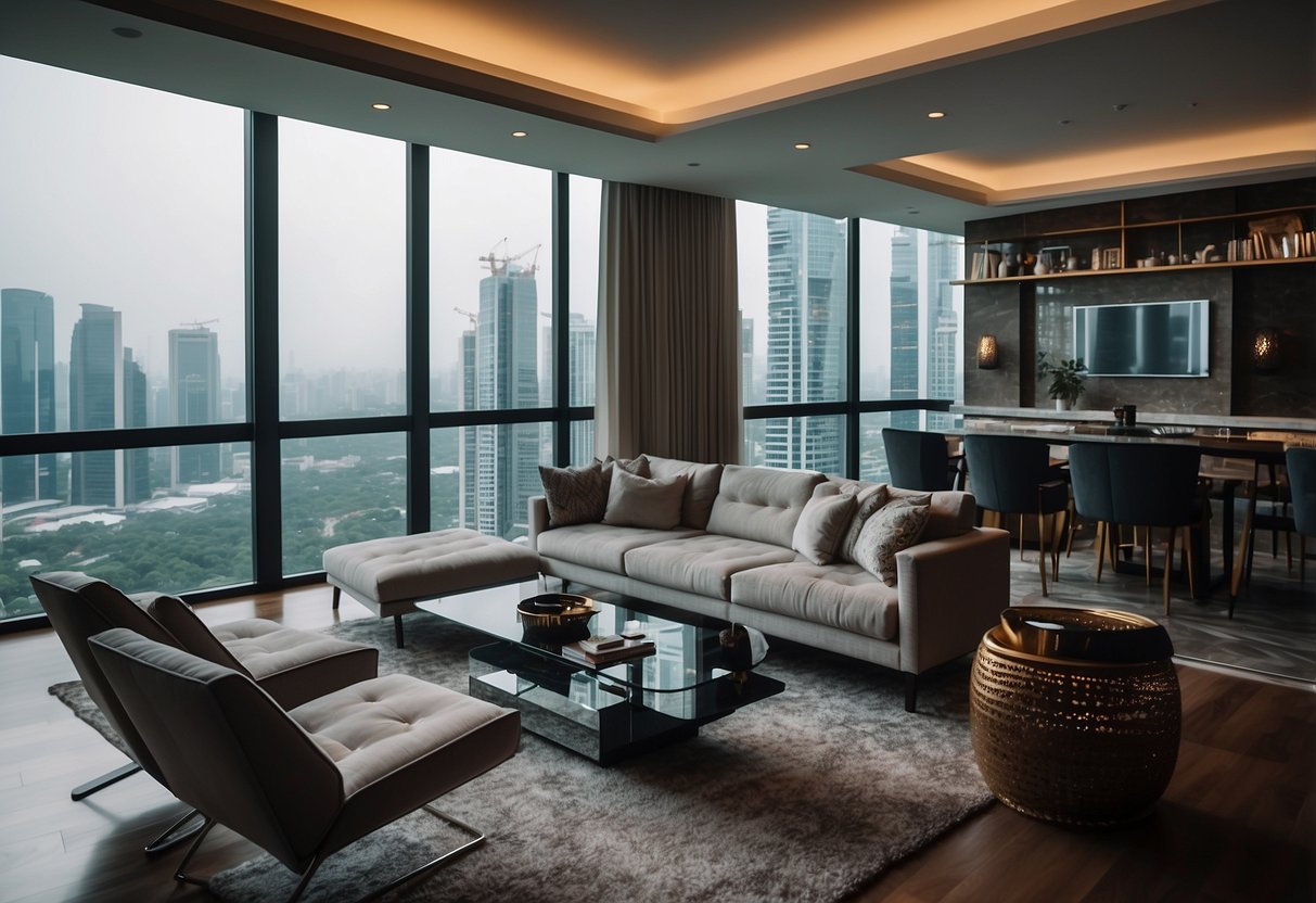 A modern living room with sleek furniture and decor, located in a high-rise apartment in Singapore