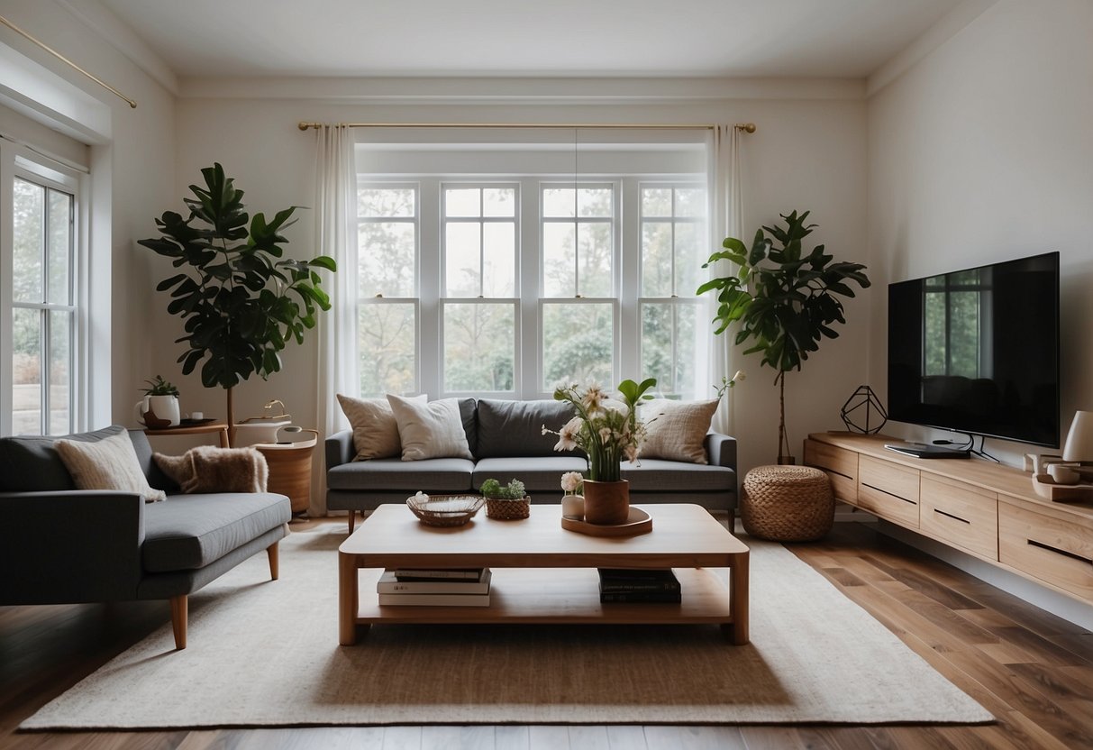 A cozy living room with modern furniture and vibrant decor. A large window lets in natural light, illuminating the space