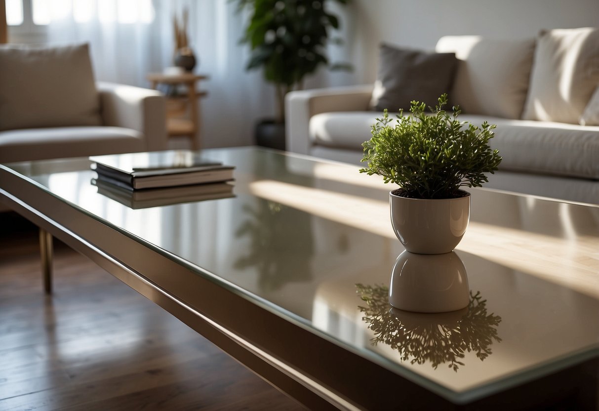 A glossy laminate finish table reflecting light in a modern living room
