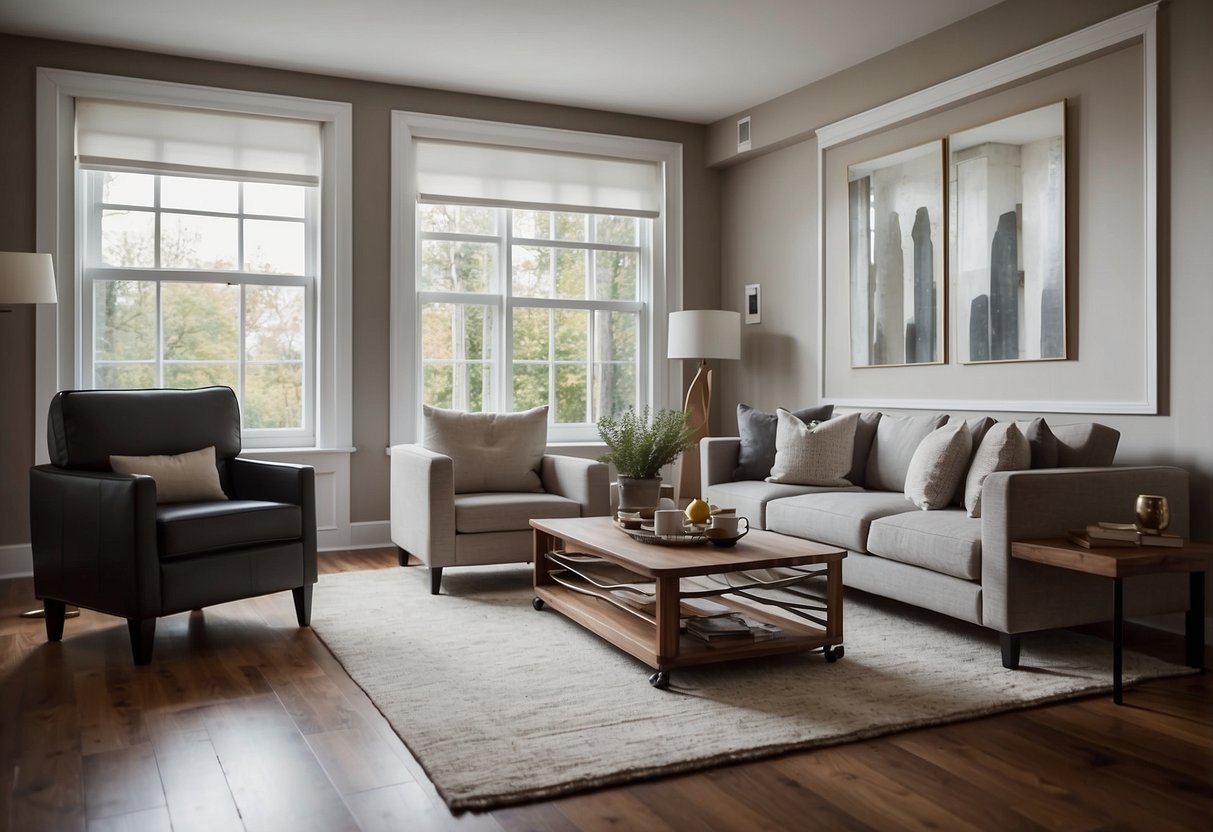A living room with a sofa, coffee table, and TV stand. A bedroom with a bed, nightstand, and dresser. A dining room with a table and chairs