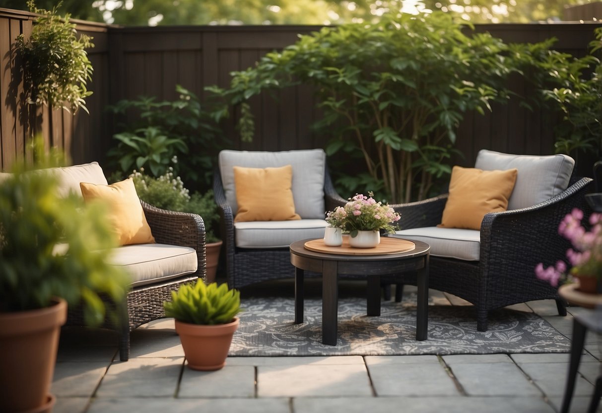 A backyard patio with synthetic resin furniture arranged in a cozy seating area, surrounded by lush green plants and blooming flowers
