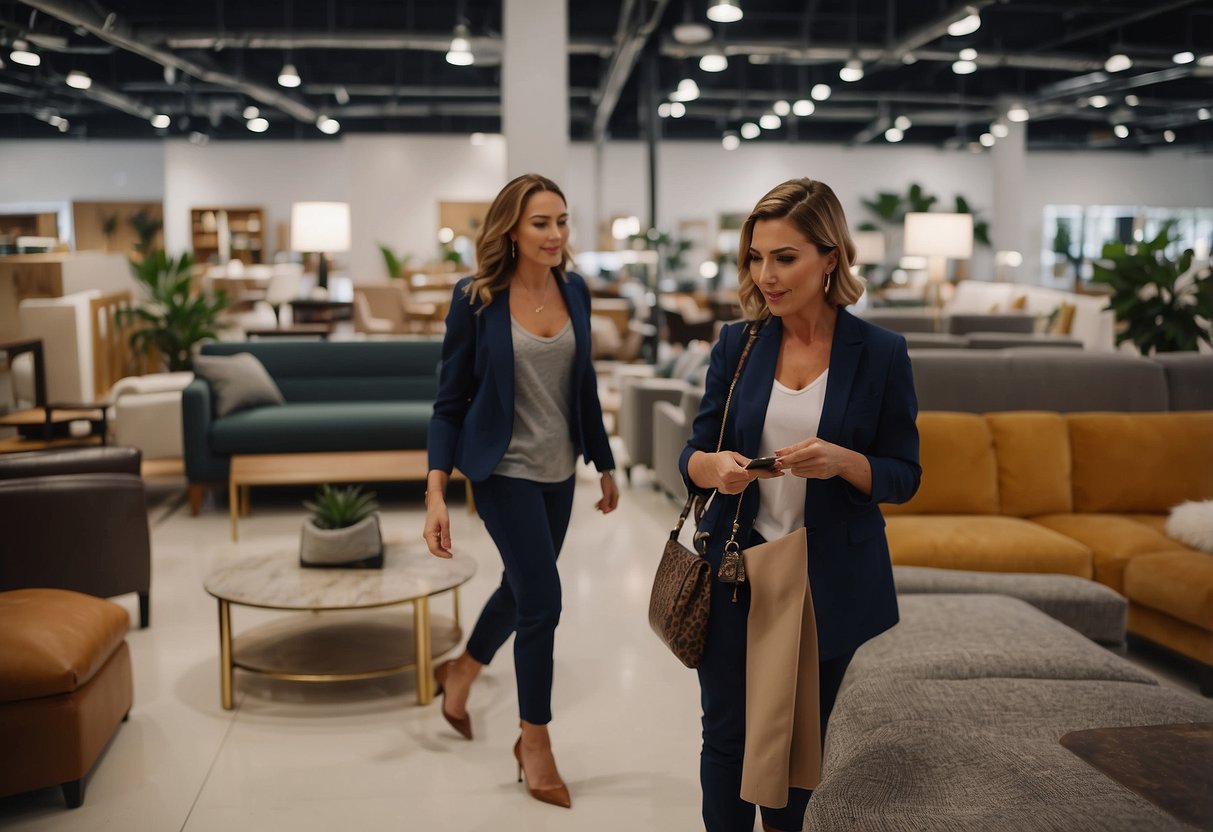 A customer browsing through a variety of furniture options in a showroom, while a staff member assists another customer