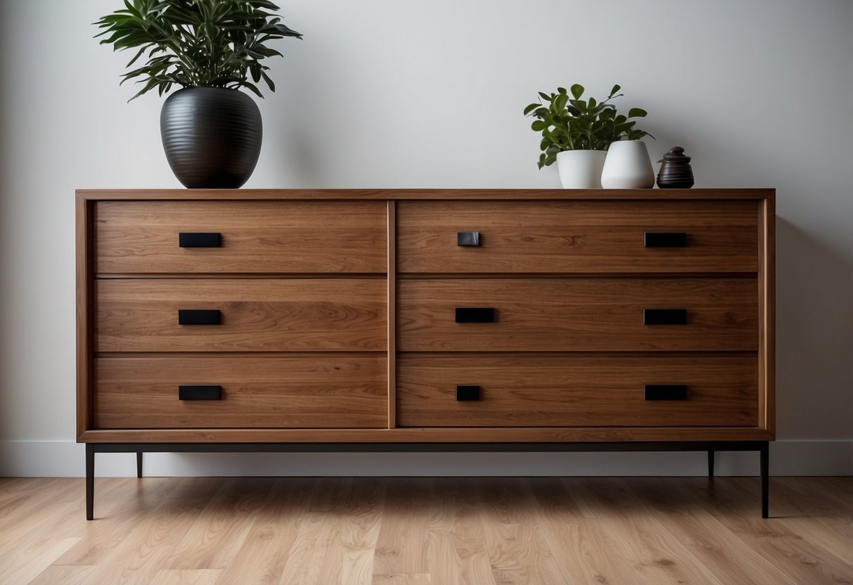 A sleek, modern Stanley furniture dresser sits against a white wall, with clean lines and a glossy finish