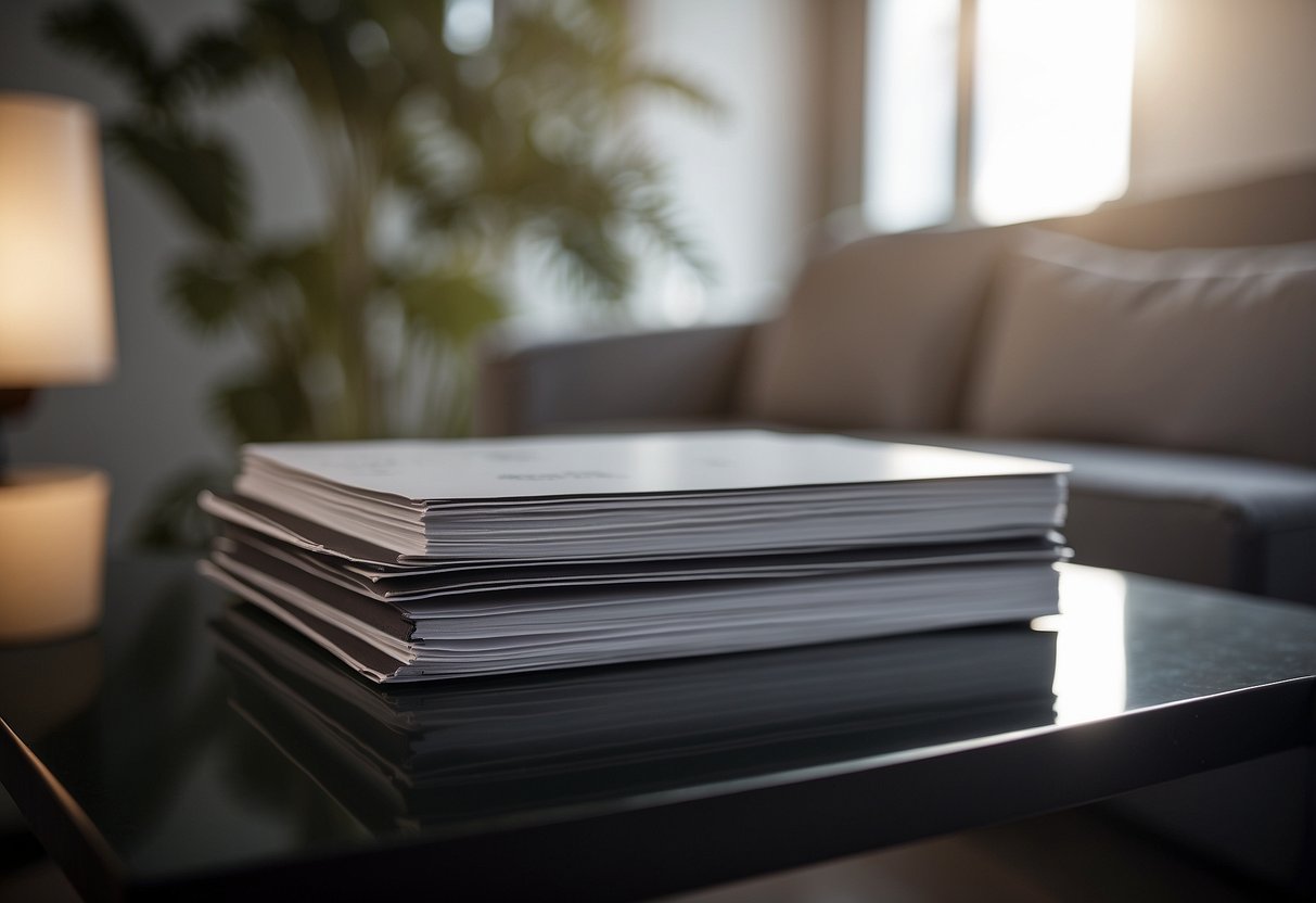 A glossy laminate finish furniture piece with a stack of Frequently Asked Questions papers on top, surrounded by a clean and modern setting