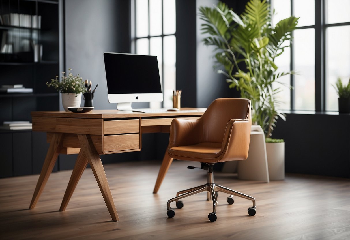 A wooden desk with a sleek design and modern style, surrounded by minimalist decor and a comfortable chair