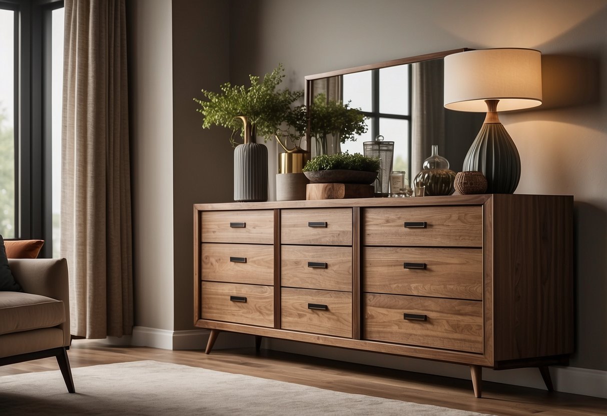 A room with a row of Stanley Furniture dressers, each with unique wood grain and hardware, set against a neutral wall with soft lighting