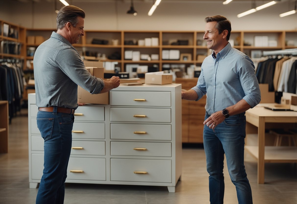 A customer buys a Stanley furniture dresser and receives aftercare instructions from the salesperson