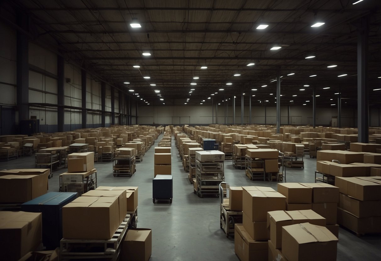 A warehouse filled with rows of empty hotel rooms, each containing neatly stacked chairs, tables, and lamps. The space is dimly lit, with workers moving about, dismantling and organizing the furniture