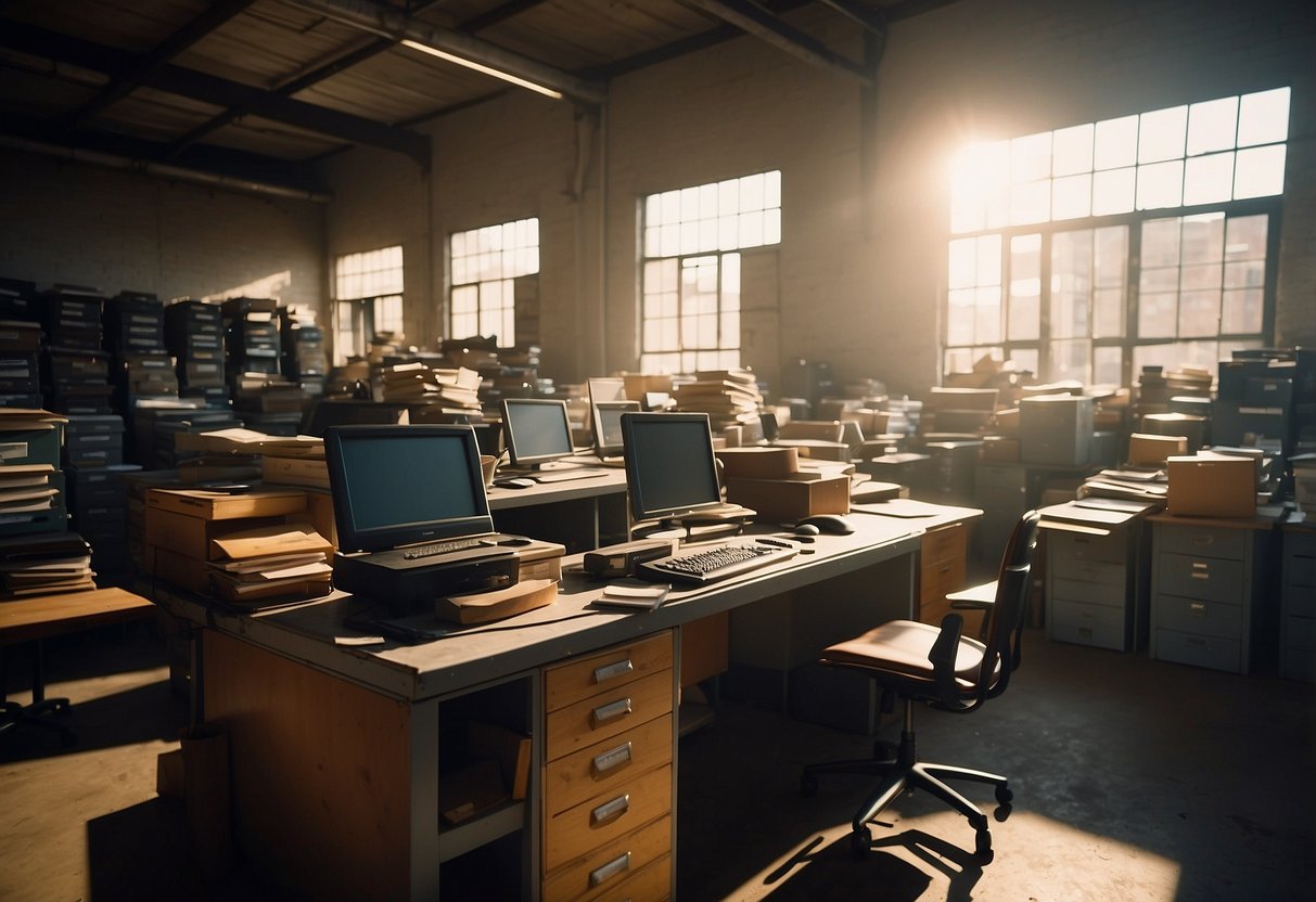 A cluttered warehouse filled with rows of desks, chairs, and filing cabinets. Sunlight filters through dusty windows onto worn furniture