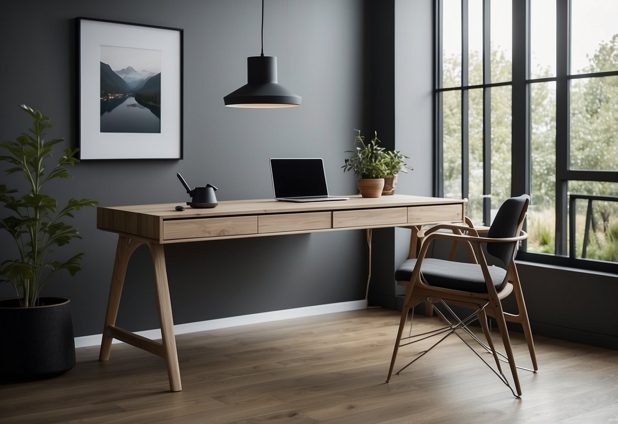 A sleek, minimalist desk with clean lines and a functional layout, showcasing the modern design of string furniture