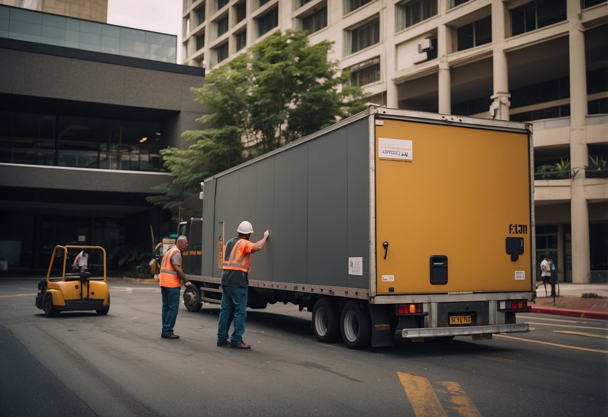 Hotel furniture being moved out of rooms, loaded onto trucks by workers. The lobby filled with various pieces awaiting removal