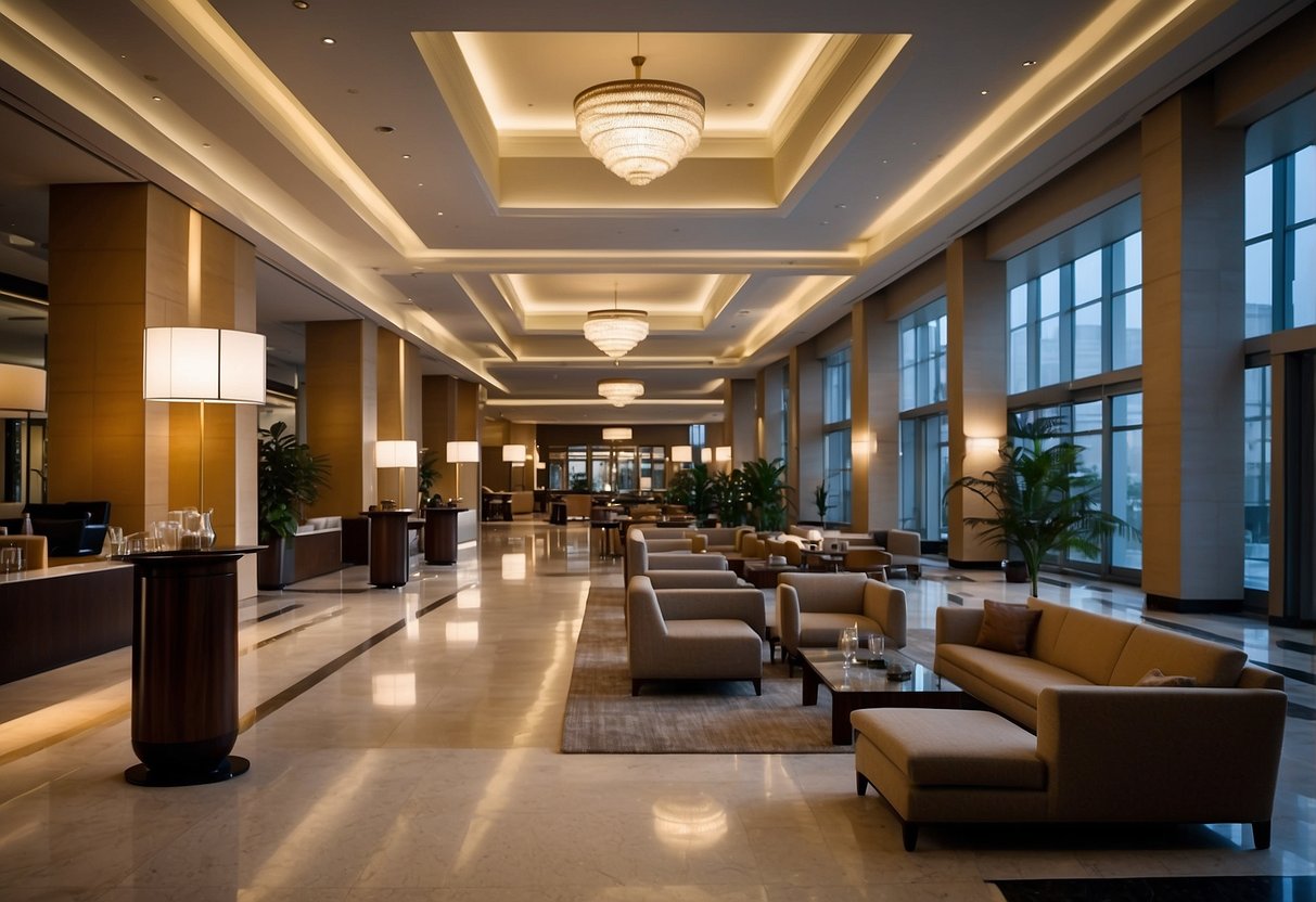 A spacious hotel lobby with rows of quality furniture on display, a professional liquidation team assisting customers, and a sign promoting reputable services