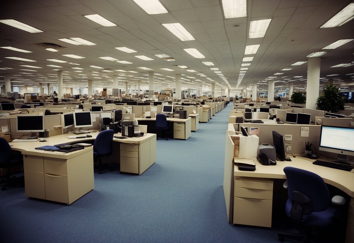 A bustling office furniture marketplace with rows of desks, chairs, and cabinets. Customers browse and negotiate with sellers. Signs advertise "Pre-Owned Office Furniture for Sale" in Singapore