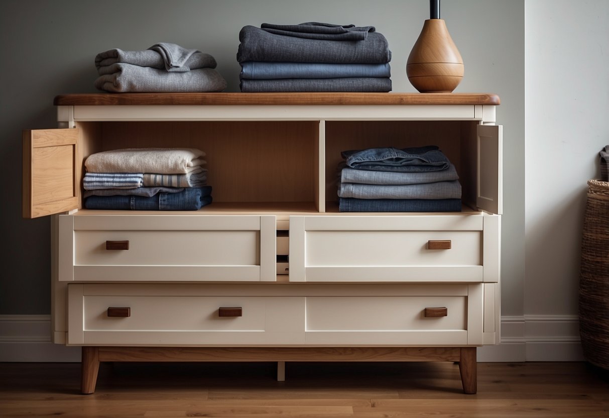 A Stanley furniture dresser with open drawers, surrounded by various household items and a stack of neatly folded clothes