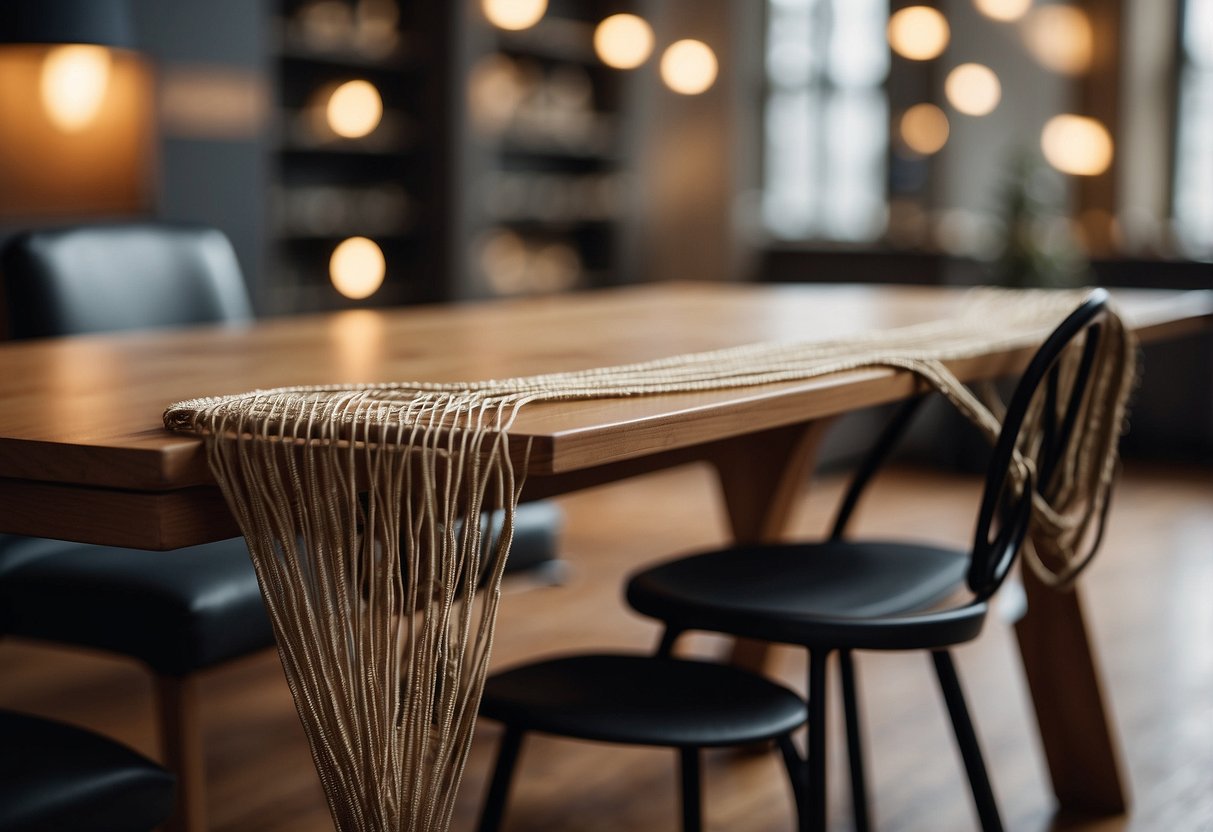 A string furniture desk is being used for practical applications, with various variants on display