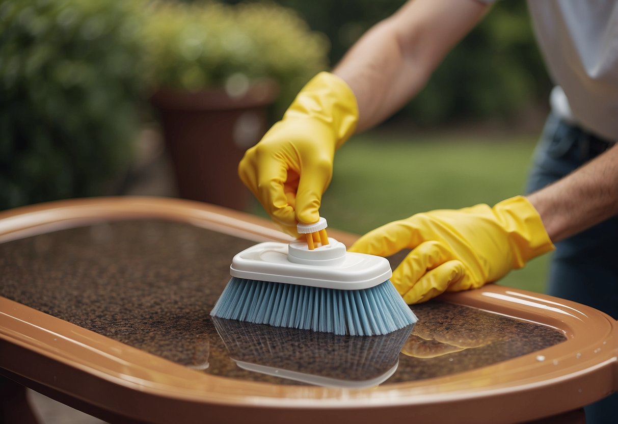 A person cleaning and maintaining synthetic resin patio furniture with a soft brush and mild soap, wiping away dirt and debris, and applying a protective coating
