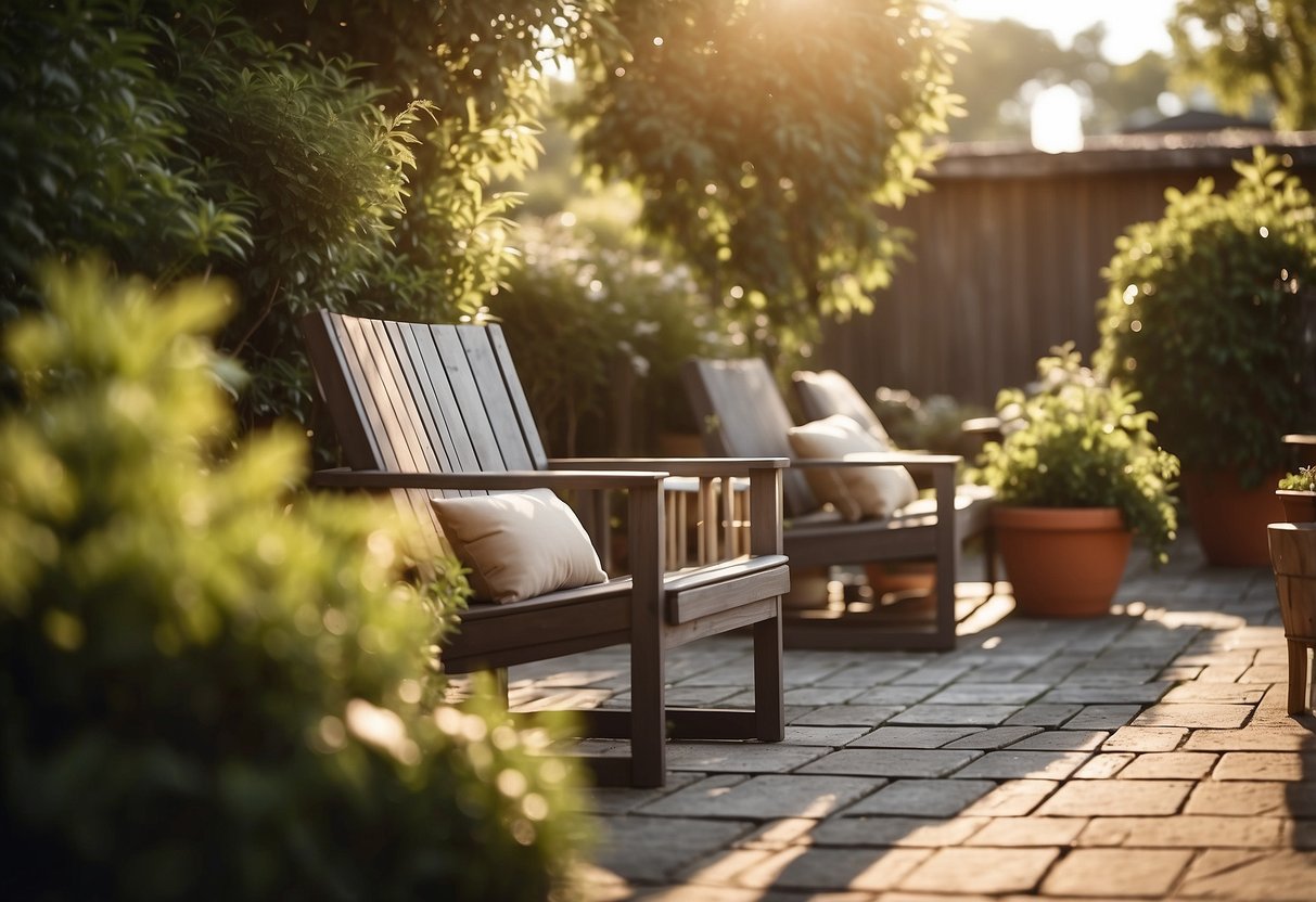 A patio with synthetic resin furniture, surrounded by greenery and bathed in warm sunlight