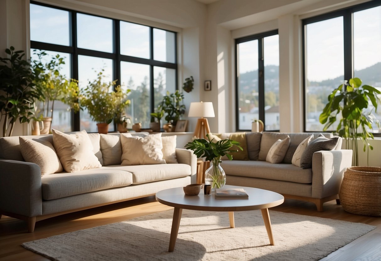 A bright living room with light-colored furniture and a cozy ambiance. Sunlight streams through the windows, casting a warm glow on the room