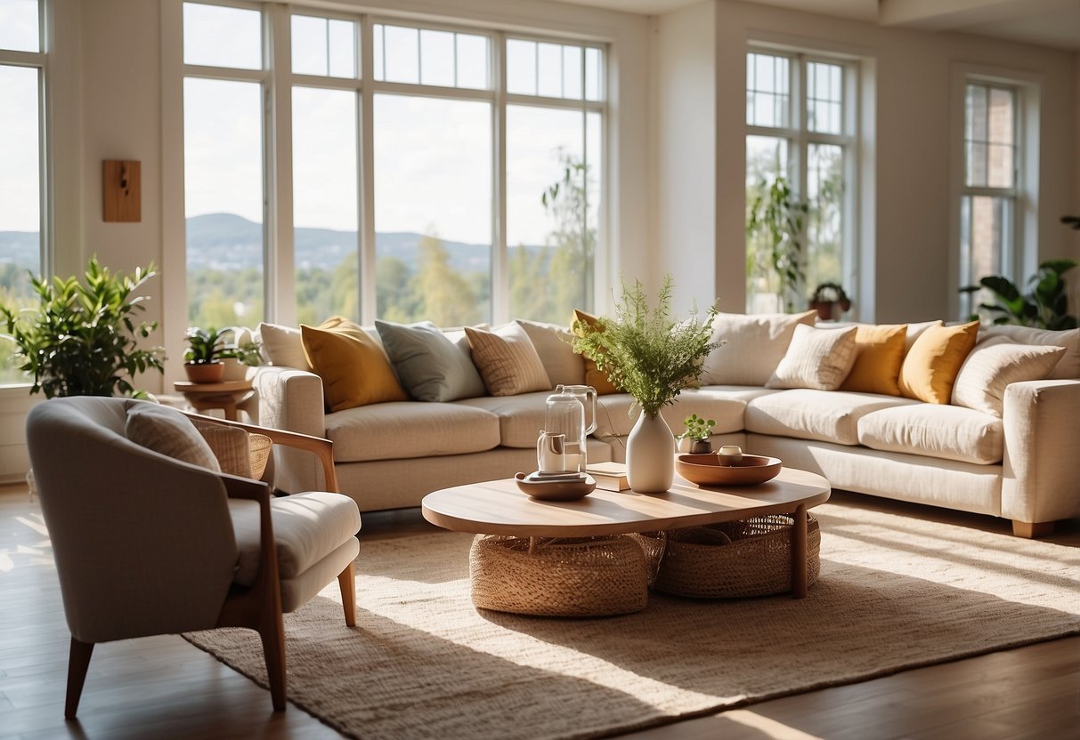 A bright, airy living room with light furniture, bathed in natural light from large windows. Warm, neutral tones create a cozy, inviting atmosphere