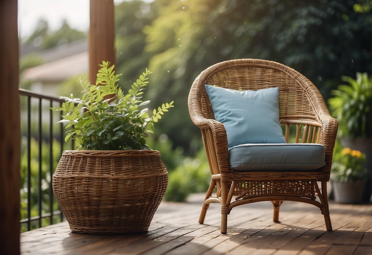 A rattan chair sits on a sunny patio, protected from rain. A soft brush gently removes dust and debris. A can of wood polish and a cloth sit nearby