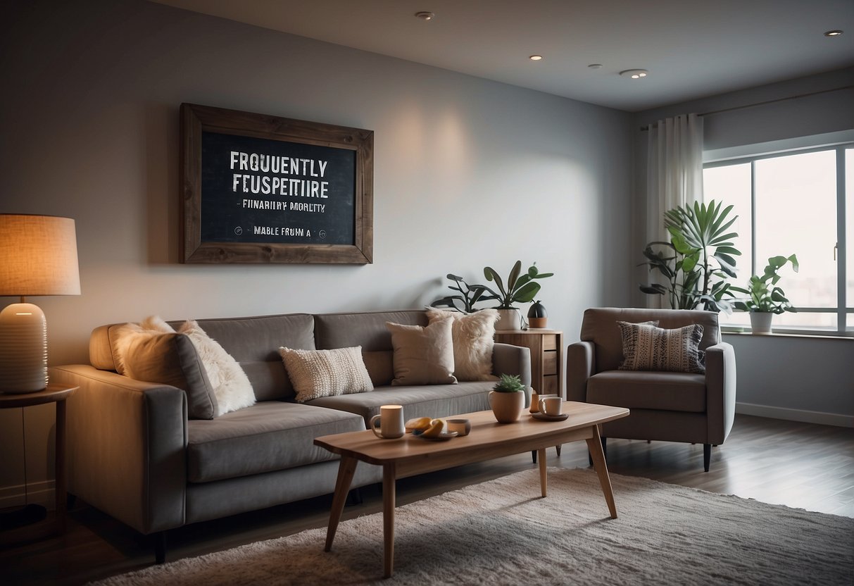 A cozy living room with modern light furniture and a sign reading "Frequently Asked Questions" on the wall