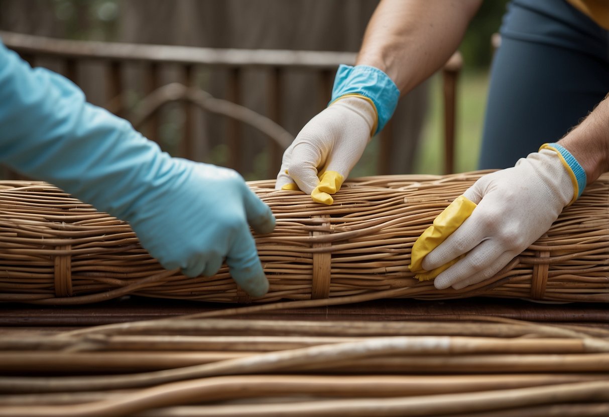 A person wipes down rattan furniture with a damp cloth, then applies a coat of protective sealant to maintain its natural luster and prevent damage