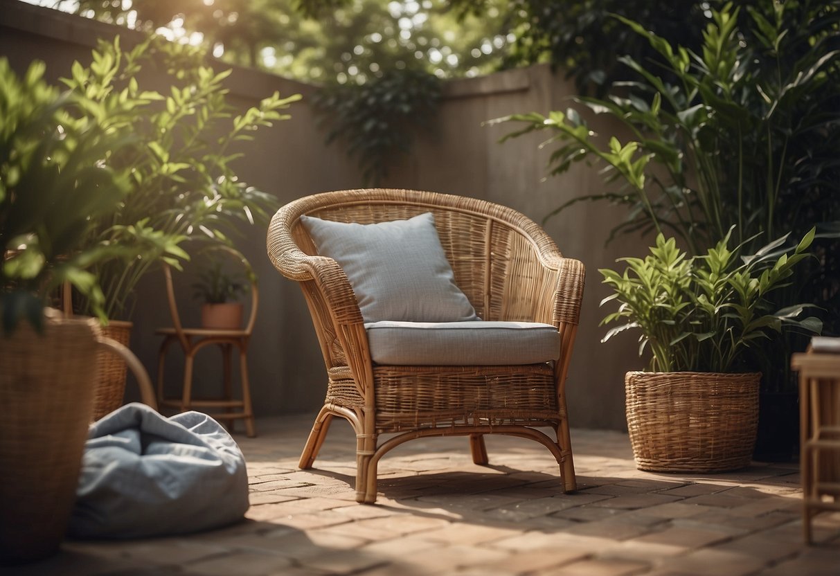 A rattan chair and table set under a shaded outdoor area, with a watering can and a soft cloth nearby for cleaning