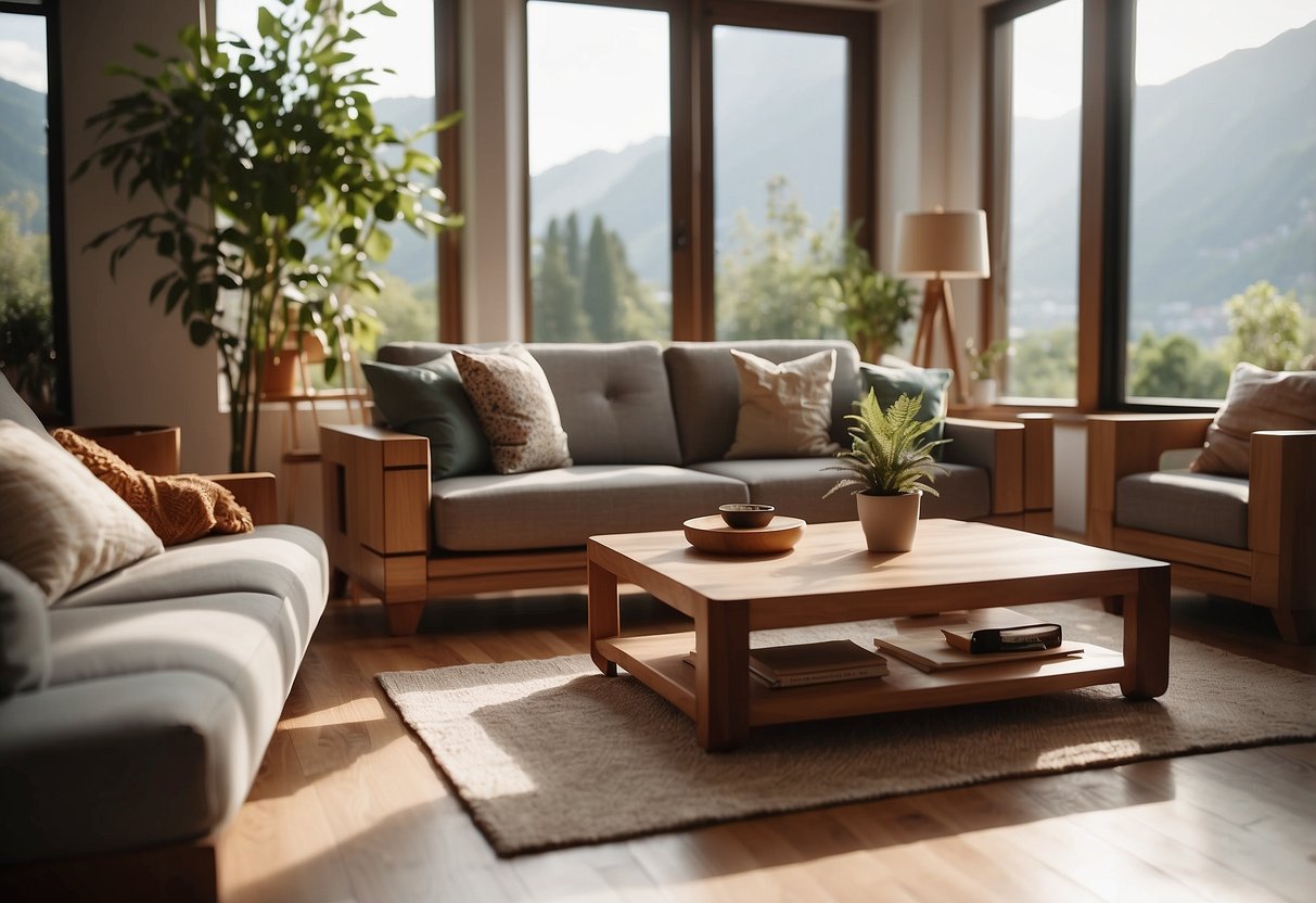 A cozy living room with sleek wooden furniture adorned with stylish wood stickers. Bright natural light filters in through the windows, casting warm shadows on the floor