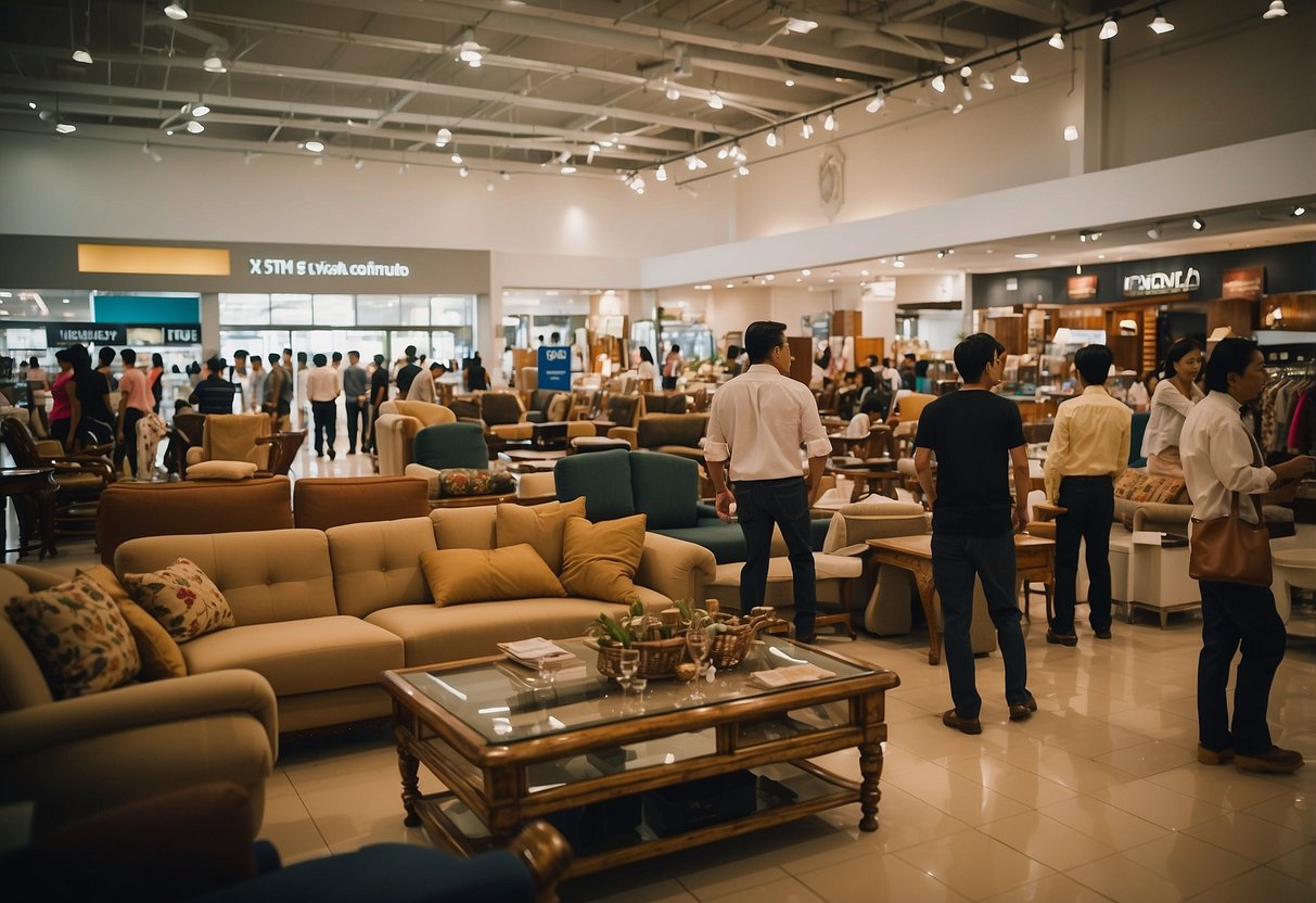 A bustling furniture sale at Sungei Kadut, with customers browsing, salespeople assisting, and a wide variety of furniture on display