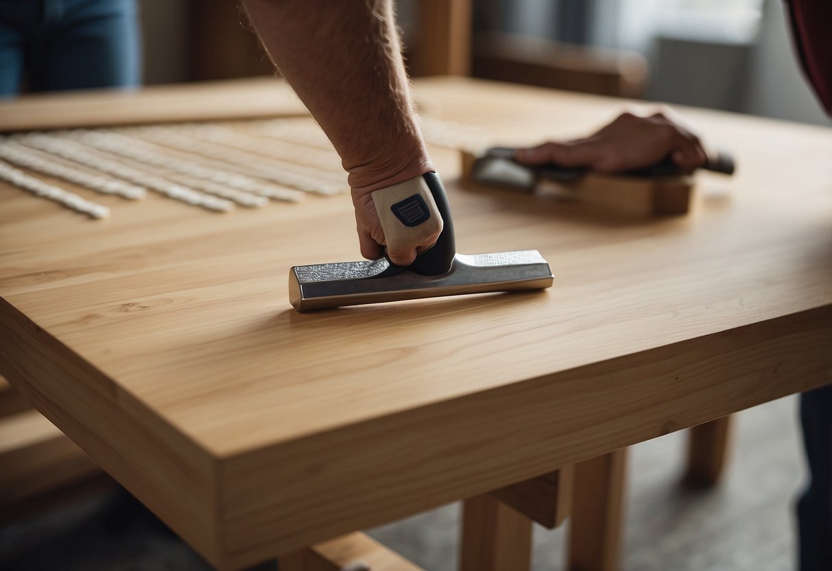 A person is using a hammer to install a wooden furniture sticker onto a table. The sticker is being carefully smoothed out to remove any air bubbles