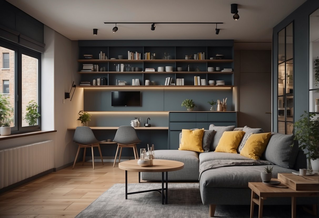 A cozy studio apartment with a convertible sofa bed, foldable dining table, and wall-mounted shelves for efficient storage