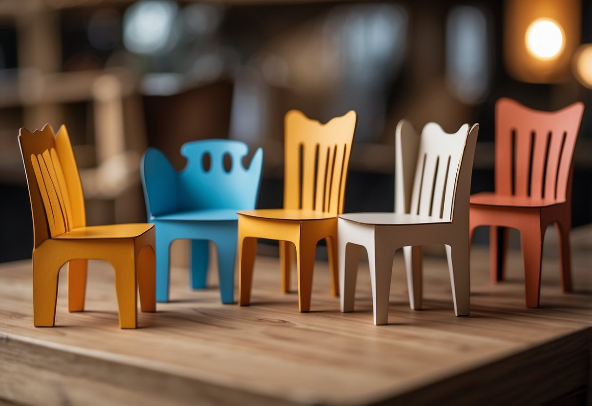 Cardboard cut and assembled into mini chairs, tables, and shelves. Glue and paint add detail