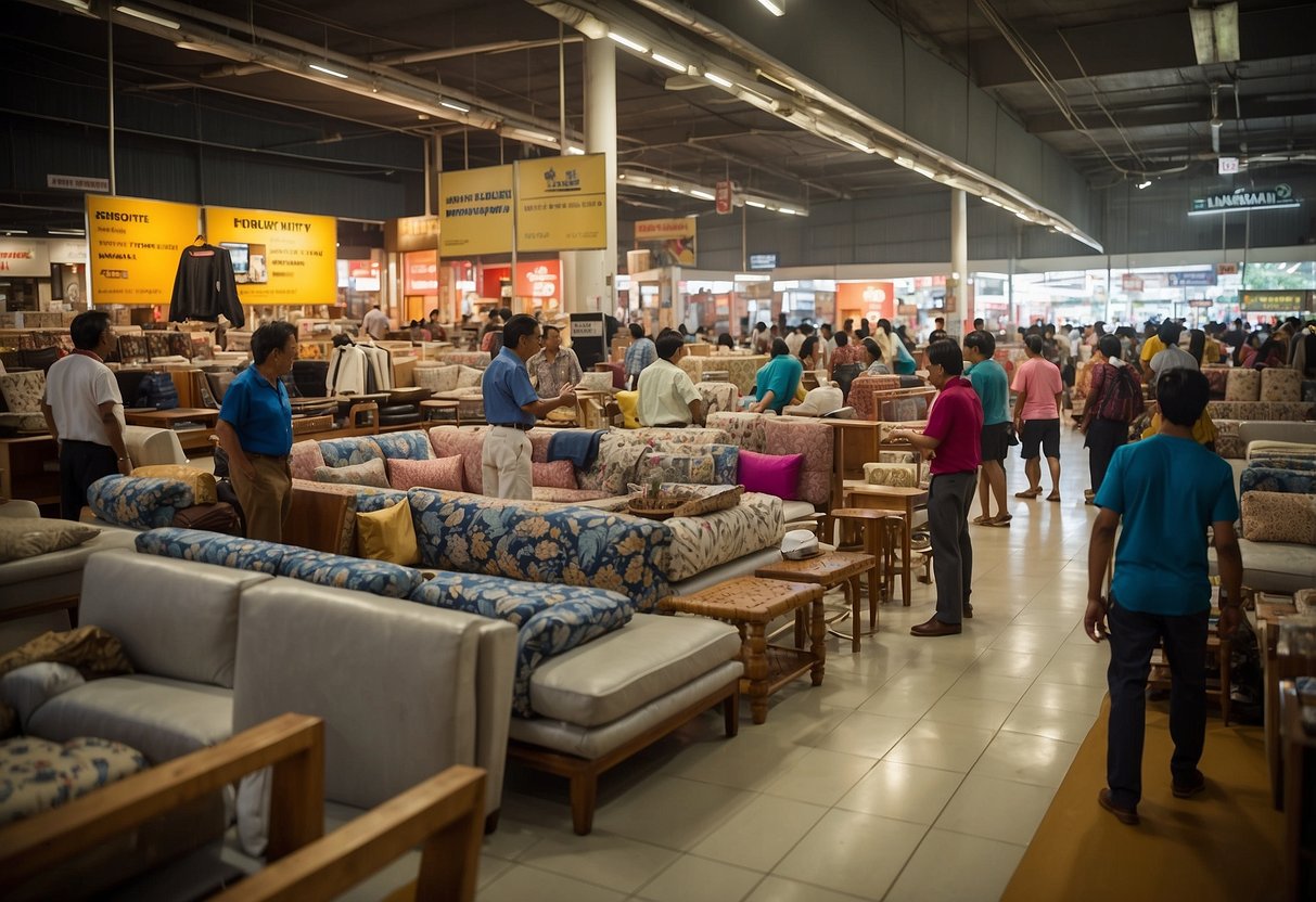 The sungei kadut furniture sale bustles with eager shoppers browsing through rows of discounted items. Bright signage and colorful displays attract attention