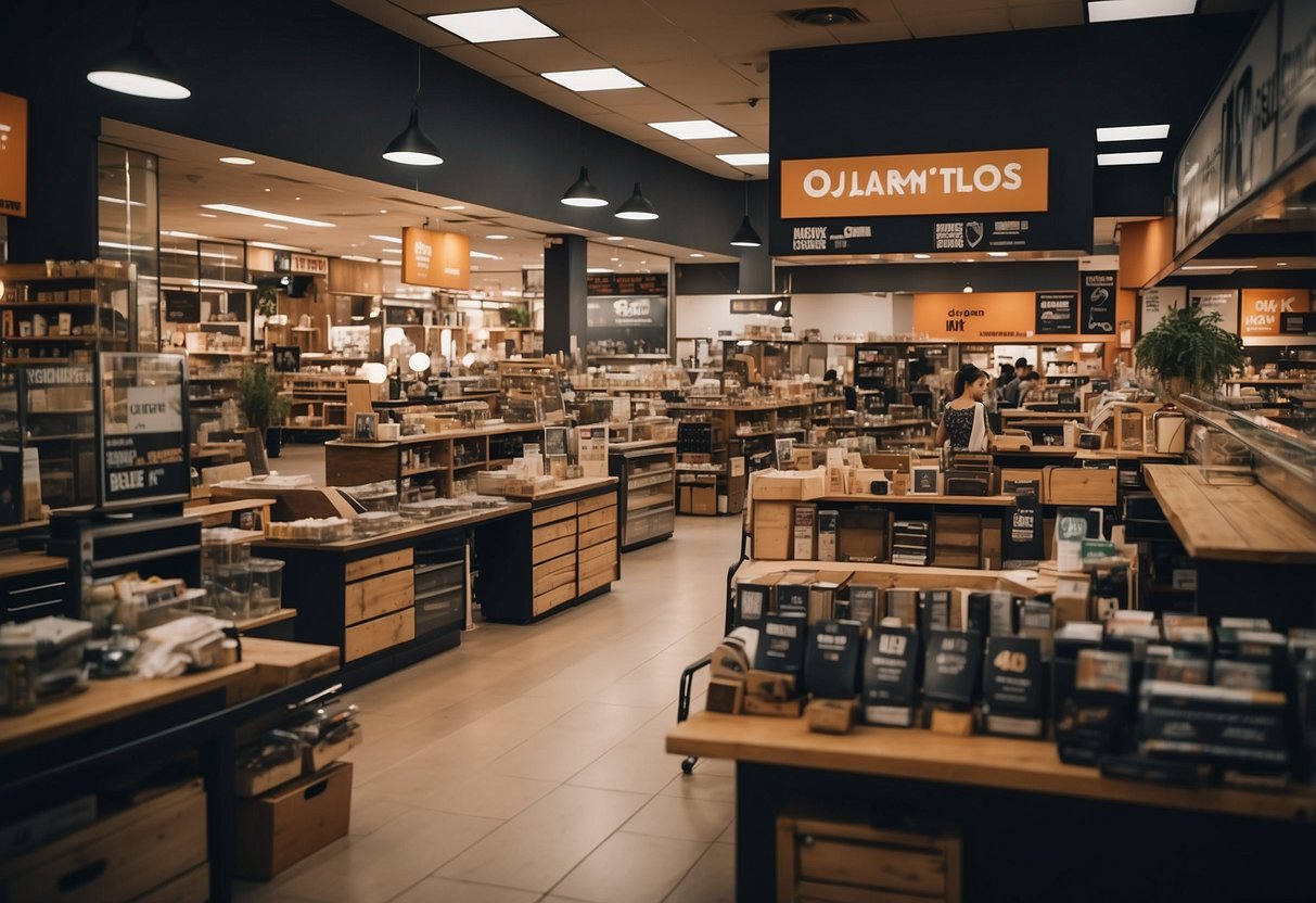A cluttered store with rows of affordable furniture, bright signage, and busy staff assisting customers