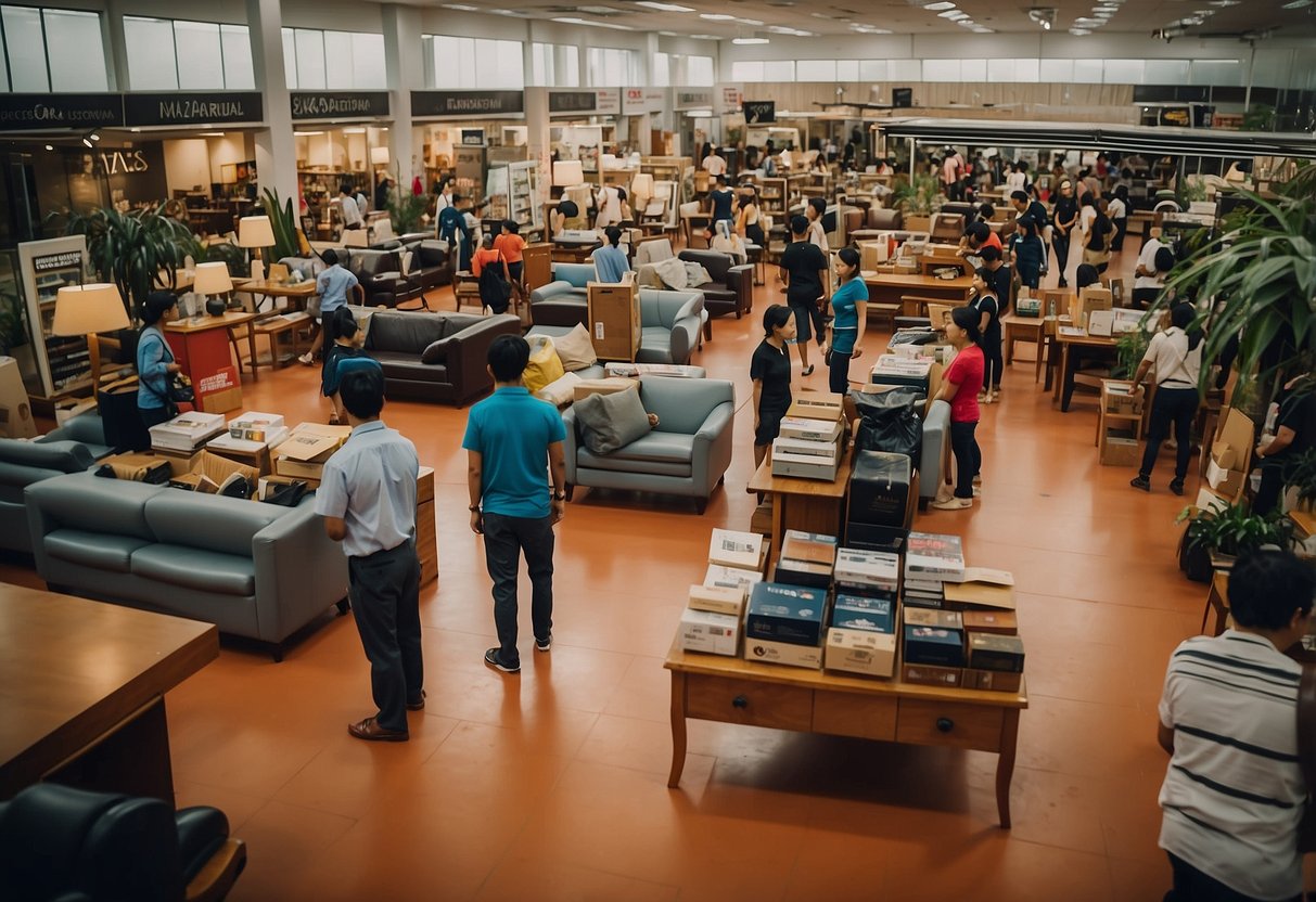 A bustling furniture sale at Sungei Kadut, with customers browsing, staff assisting, and products displayed prominently