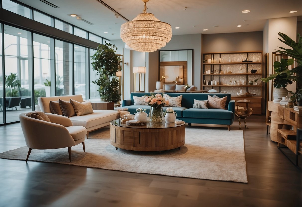 A showroom filled with modern and traditional furniture pieces, arranged in stylish settings with ample natural light