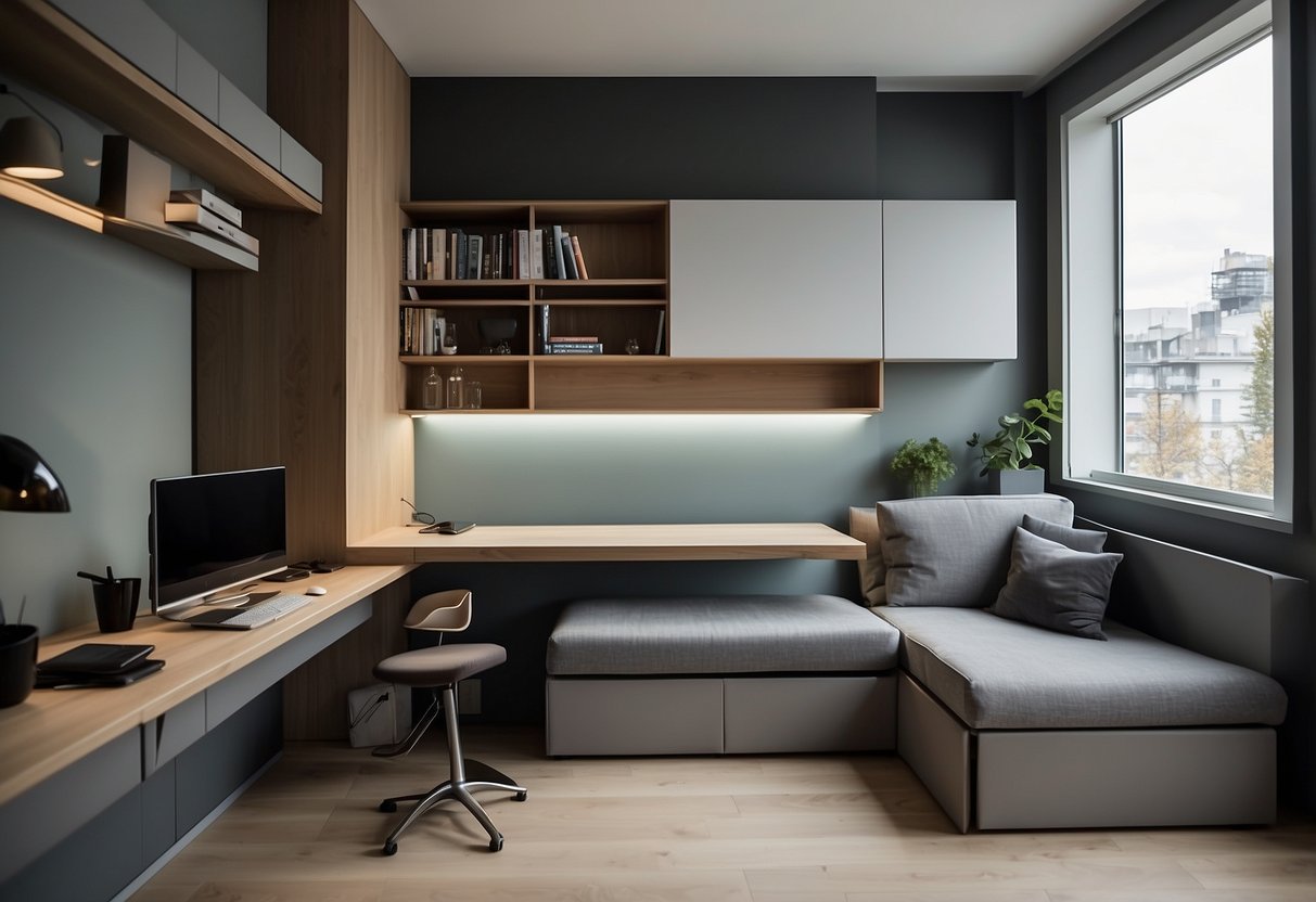A compact room with multi-functional furniture: a wall-mounted desk, a fold-out sofa bed, and hidden storage compartments. Efficient use of space with a modern and minimalist design