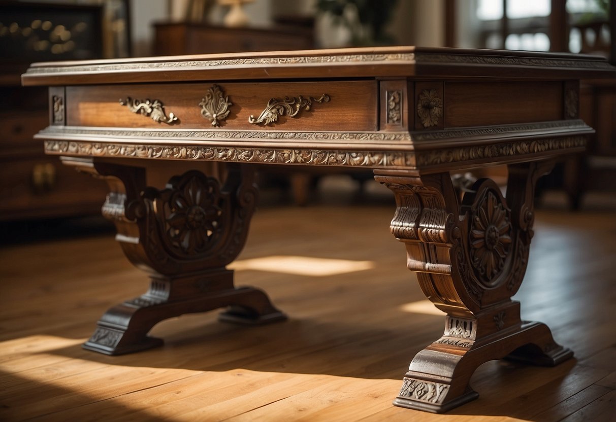An antique table sits in a well-lit room, showcasing its intricate woodwork and elegant design. A price tag or appraisal certificate is placed nearby, indicating its value