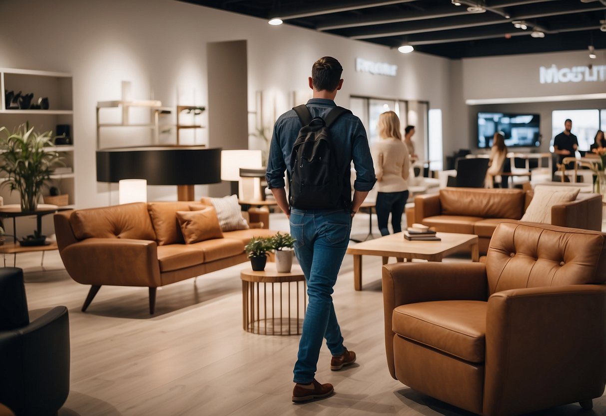 A customer browsing through modern furniture displays in a well-lit showroom with friendly staff assisting