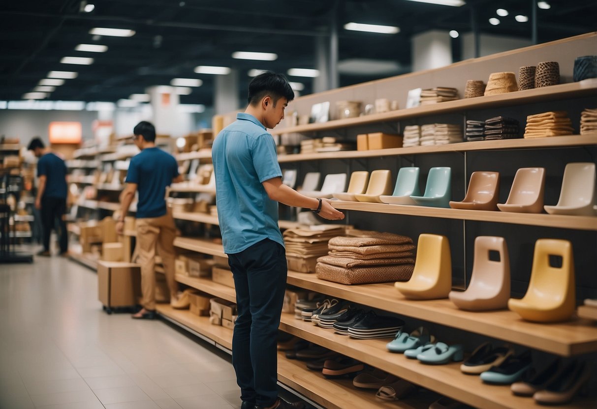 Customers browsing shelves, trying out chairs, and comparing prices at budget-friendly furniture stores in Singapore