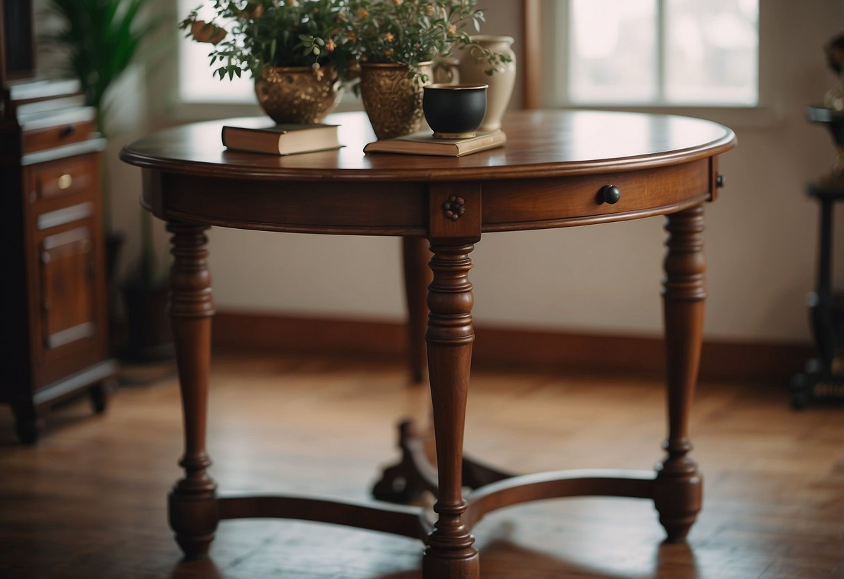 A well-preserved antique table, positioned in a well-lit room, surrounded by other valuable furniture pieces
