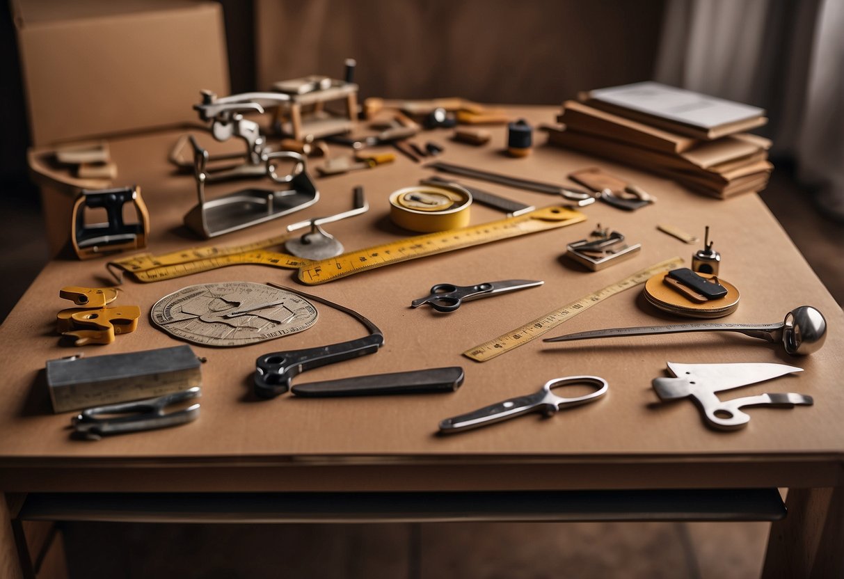 A table covered in cardboard, scissors, glue, and miniature furniture pieces in various stages of completion. A ruler and pencil sit nearby, ready for precise measurements