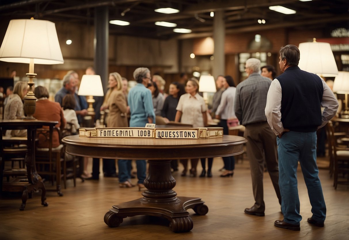 An antique table surrounded by curious onlookers, with a sign reading "Frequently Asked Questions about furniture values" displayed prominently
