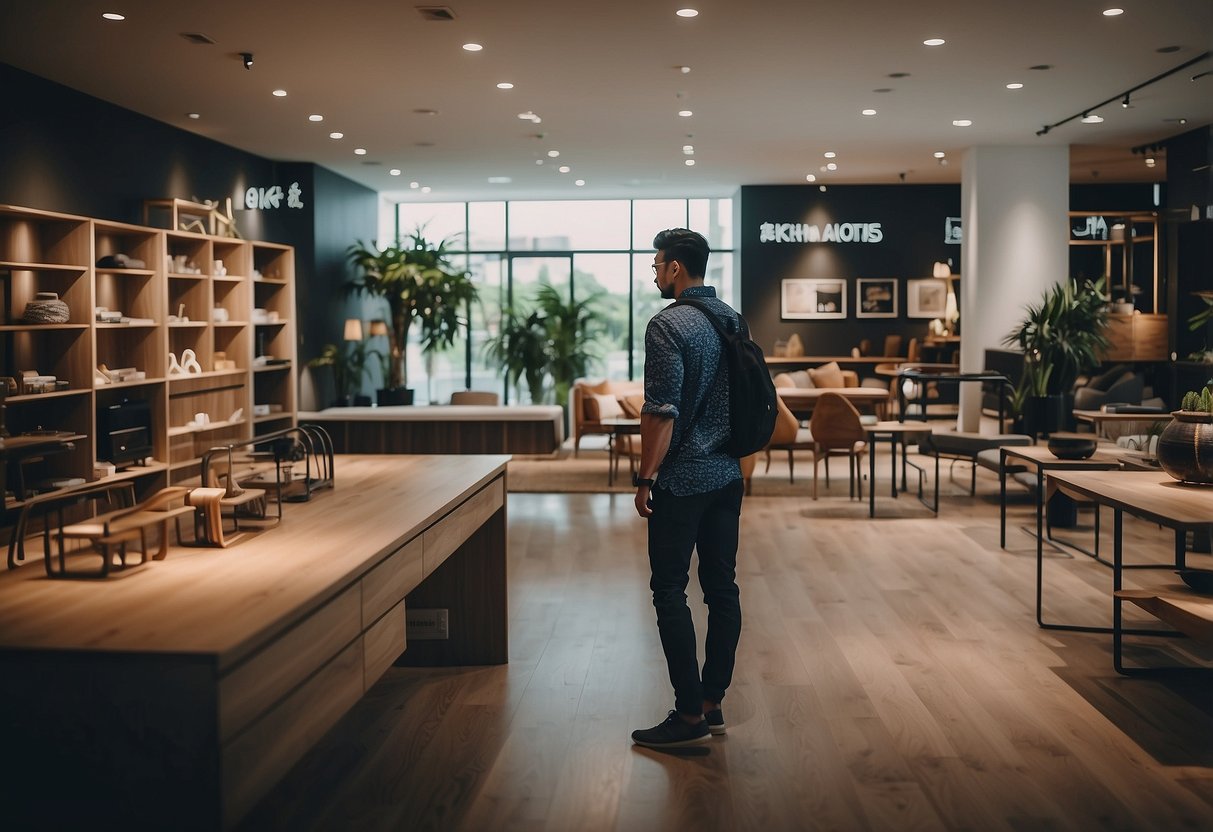 A customer browsing through a furniture showroom with various items labeled "Frequently Asked Questions" in Skudai