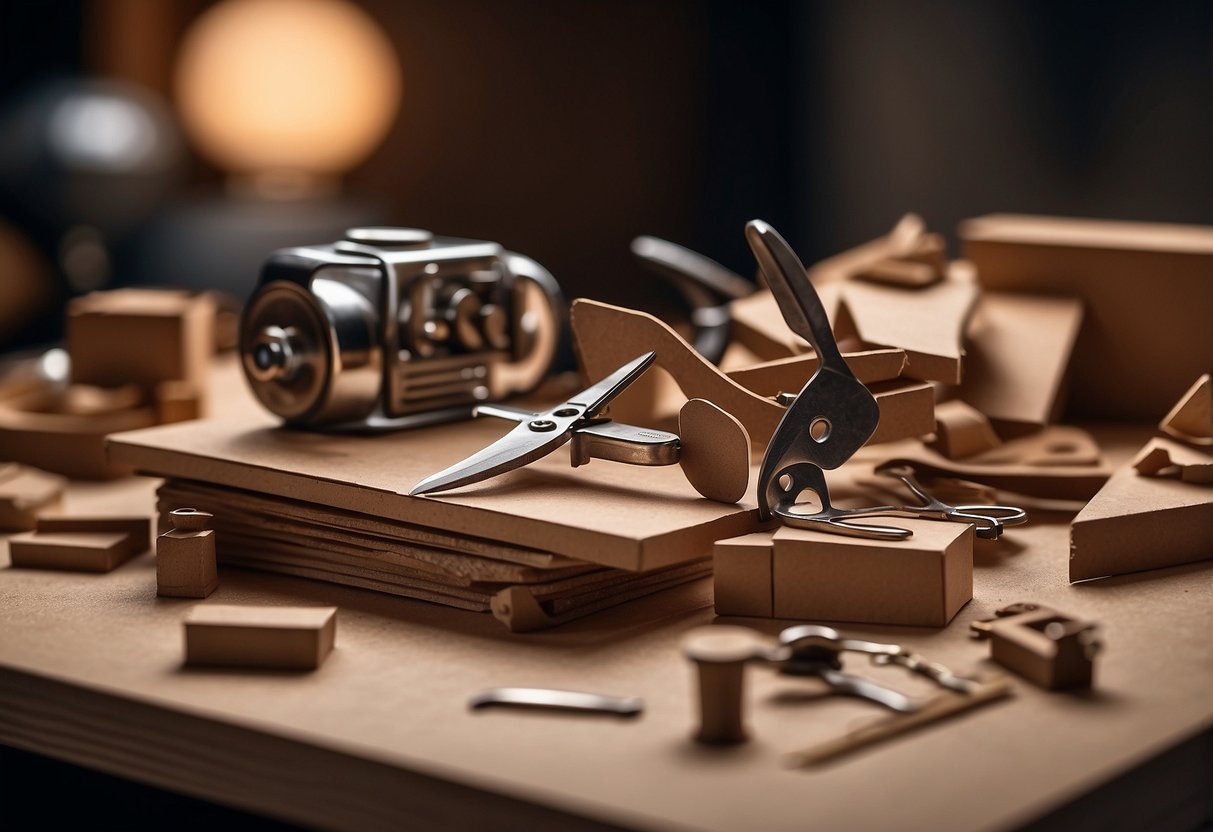 Cardboard pieces cut, folded, and glued into miniature furniture shapes. Tools like scissors and glue on a work surface
