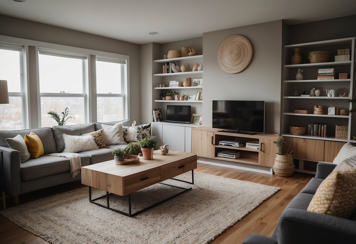 A cozy living room with multipurpose furniture, clever storage solutions, and pops of color to maximize small space functionality and style